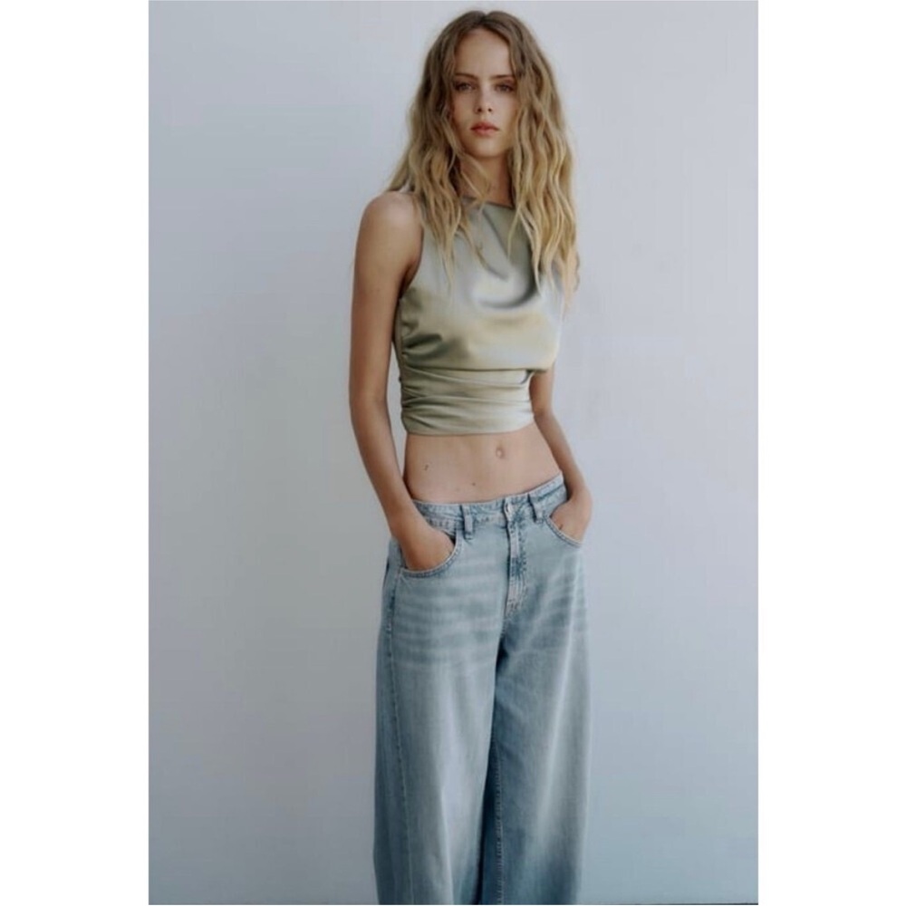 Zara Green Satin Open Back Top